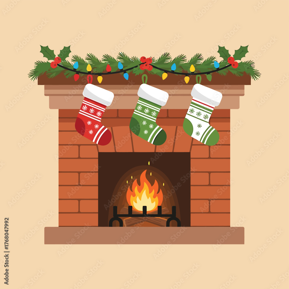 Naklejka premium Festive fireplace decorated with stockings and garland for christmas celebration