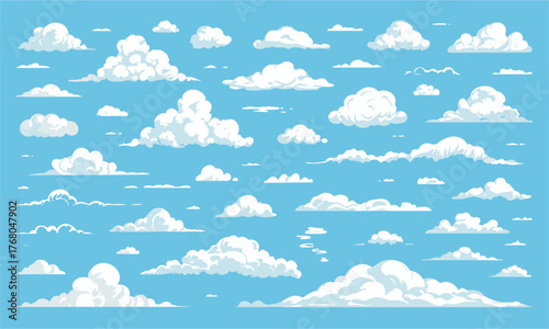 Vibrant collection of fluffy white clouds scattered across a clear blue sky, perfect for design backgrounds