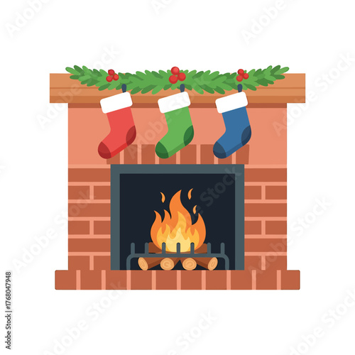 Illustration of a fireplace with christmas stockings