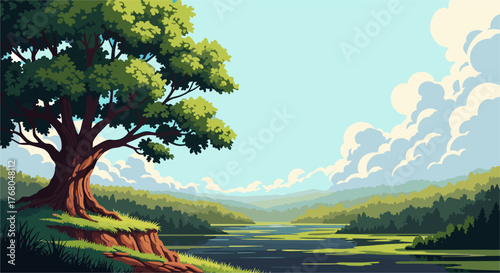 Majestic ancient tree overlooks serene valley with winding river and dramatic cloudscape