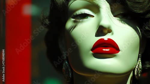 Close up of mannequin face with red lips and dramatic eye makeup