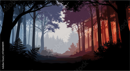 Mysterious forest path bathed in dual twilight, cool blues meet vibrant oranges, evoking wonder and adventure