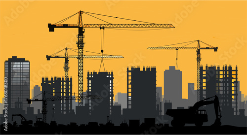 Vibrant construction scene with towering cranes and modern buildings against a striking orange sky