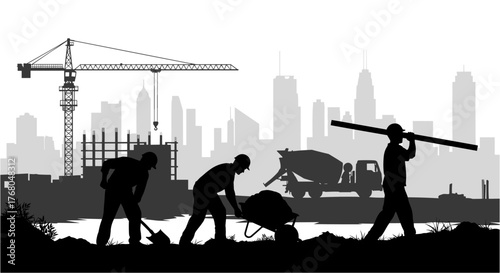 Construction workers diligently build modern city skyline with crane and concrete mixer