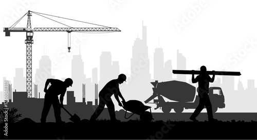 Construction workers building urban skyline with crane and cement truck at dawn