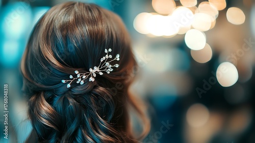 Elegant brunette bride with a beautiful hair accessory in her hairstyle