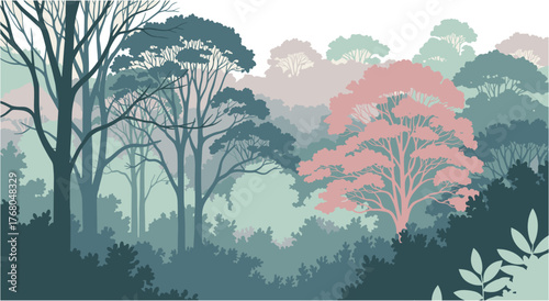 Dreamy forest landscape with soft pastel trees and misty atmosphere, perfect for serene backgrounds