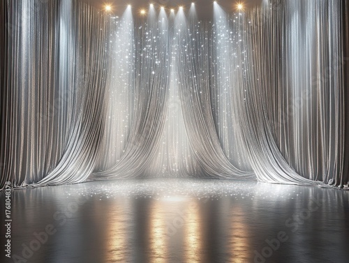 Wallpaper Mural Empty stage with elegant silver curtains and bright spotlights shining down creating sparkling reflections on smooth floor Torontodigital.ca