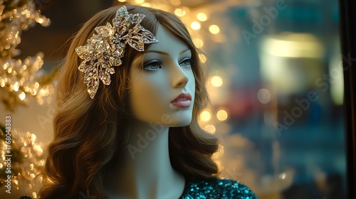 Mannequin with a beautiful hair accessory in the shop window at night
