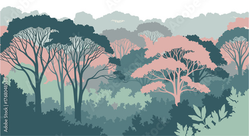 Serene abstract forest landscape with muted pastel colors and intricate tree silhouettes evoking calm