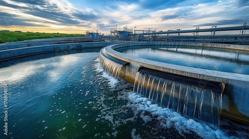 Wallpaper Mural Large circular water treatment facility with cascading water and industrial pipes under a partly cloudy sky at sunset Torontodigital.ca