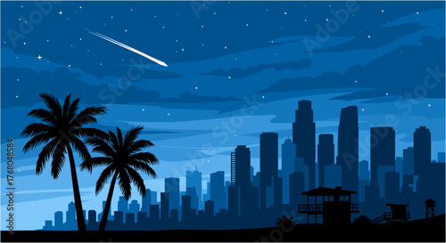 Stunning night cityscape with palm trees and a shooting star creates a magical, aspirational atmosphere for travel and business.