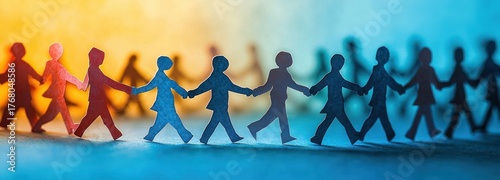 Row of paper cutout human figures holding hands against warm yellow and cool blue blurred background symbolizing unity and connection