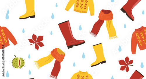 Seamless pattern depicting a vibrant autumn theme with rain boots, warm sweaters, scarves, fallen leaves, and raindrops on a white background.