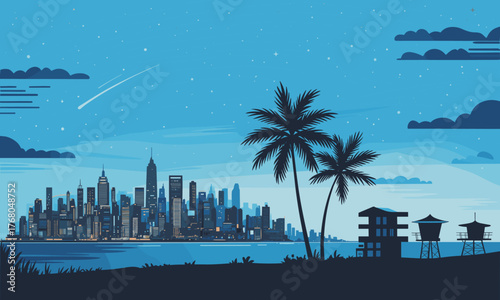 Stunning night skyline with palm trees and lifeguard towers, a dream vacation destination.