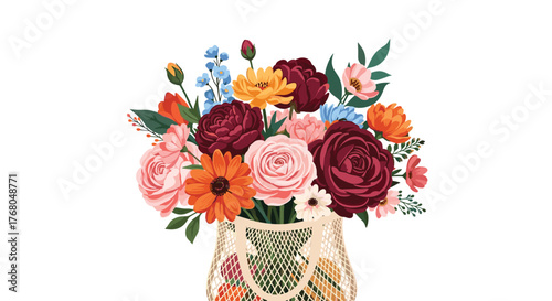 Vibrant bouquet of fresh garden flowers and blooming blossoms in a stylish reusable net bag, perfect for summer or spring.