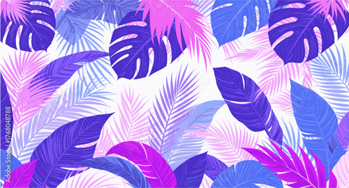 Vibrant tropical foliage pattern in cool purple, pink, and blue hues creates a modern, stylish backdrop