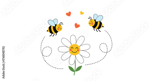 Adorable illustration of two cheerful bees buzzing around a smiling white daisy flower with floating hearts.