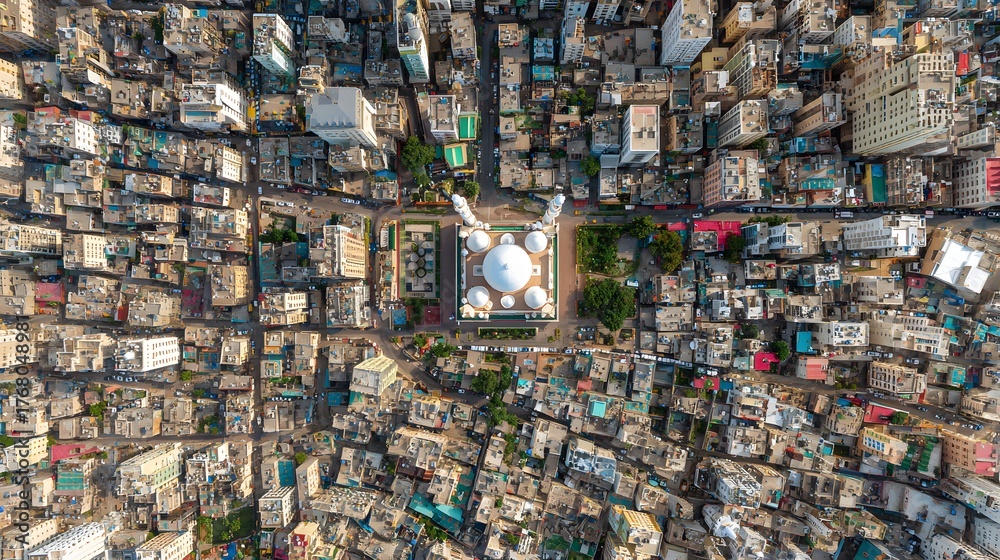 Fototapeta premium Aerial view captures dense urban development surrounding a central domed religious structure