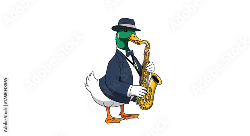 A stylish mallard duck wearing a suit and hat plays a golden saxophone with a cool expression.