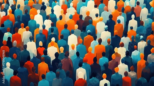 Abstract crowd of faceless people depicted in bold orange, teal, white, and brown colors creating a pattern of standing figures viewed from behind
