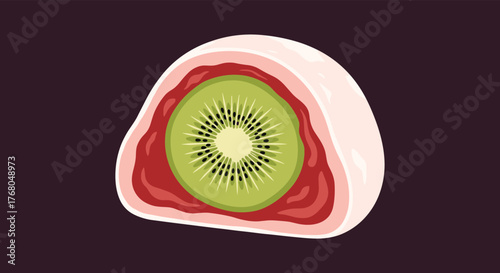 A vibrant kiwi mochi dessert, sliced open to reveal its fresh green fruit and red filling against a dark background.