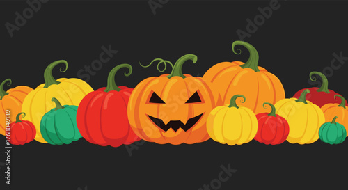 A colorful assortment of pumpkins and gourds, including a carved jack-o'-lantern, creating a festive Halloween or autumn border on a dark background.