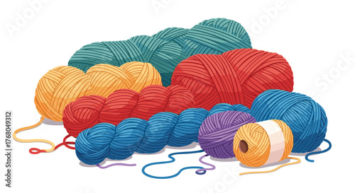 Colorful yarn skeins and balls of different sizes and textures, vibrant hues arranged for knitting and crafting projects on a white background.