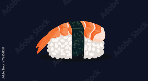 A simple, appetizing illustration of shrimp nigiri sushi, featuring a succulent prawn on seasoned rice, wrapped in nori, on a dark background.