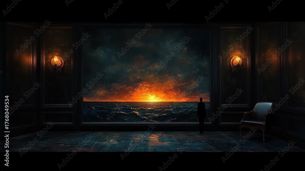 Fototapeta premium Person standing inside a dark room with vintage wall lamps, looking out through a large window at a fiery sunset over a turbulent ocean