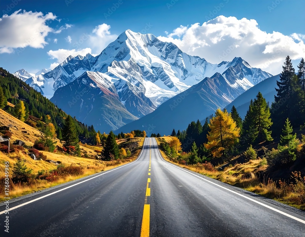 Fototapeta premium Asphalt road through autumn valley, snowy mountain peak