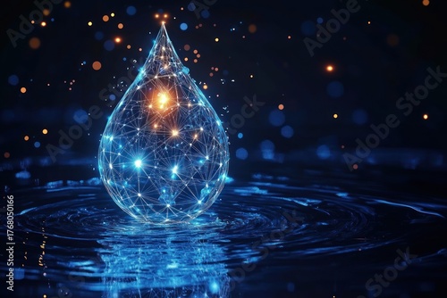 Wallpaper Mural Glowing digital water drop composed of interconnected light nodes and lines hovering above rippling water surface with sparkling light particles in dark environment Torontodigital.ca