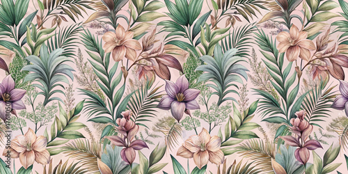 Beautiful floral design featuring soft pastel tones with lush green leaves and elegant orchids.