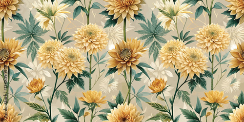 A lush floral pattern featuring golden dahlias and soft foliage, creating a warm and inviting ambiance.
