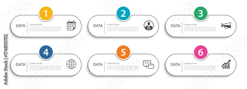 Modern infographic 6 step business data process design template.