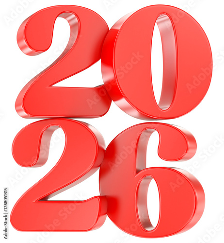 Red 2026 Glossy 3D Numbers Isolated on a White Background Symbolizing the New Year and Future Goals