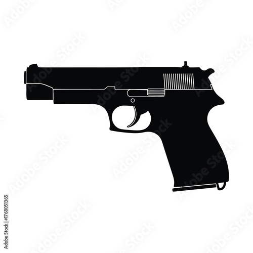 Silhouette of a black semi automatic handgun on a white background