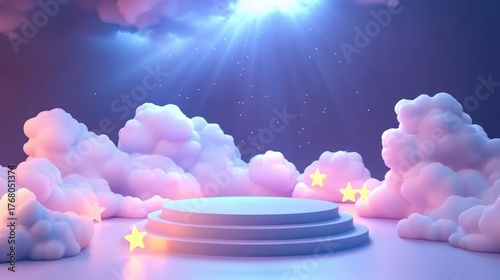 Soft pastel colored cloud-like formations surrounding a circular podium illuminated by dreamy blue light and scattered glowing star shapes, evoking a magical and serene atmosphere