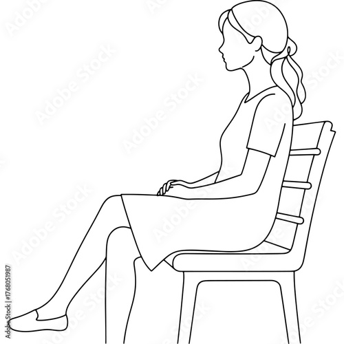 Profile view of a woman sitting on a chair. Minimal black and white line art design. Clean vector illustration. Symbolic image of a woman being attentive or patient. Isolated on white background.