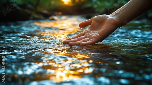 Close-up of a hand touching flowing water in a peaceful natural stream during golden hour with warm sunlight reflecting on the water surface