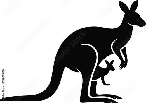 Black silhouette of a kangaroo with joey in pouch marsupial