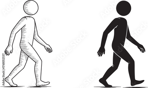 Human walking cycle silhouette and line art representation animated progression movement