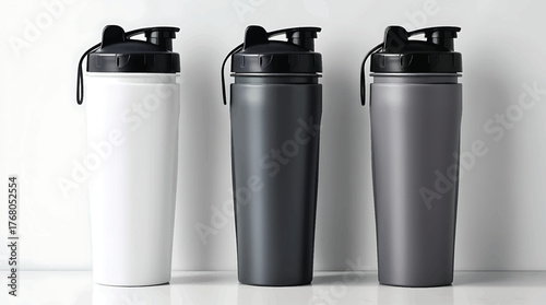 Three modern shaker bottles stand ready for your next workout or hydration needs