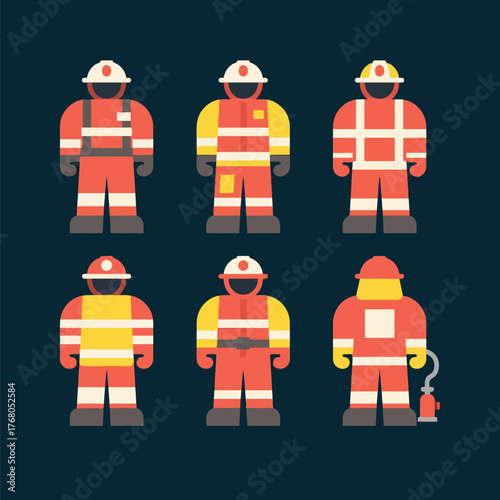Collection of flat vector illustrations featuring firefighter characters in diverse gear variations