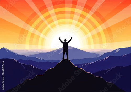 Silhouette of a person standing atop a mountain peak with arms raised, celebrating success against a vibrant sunrise.