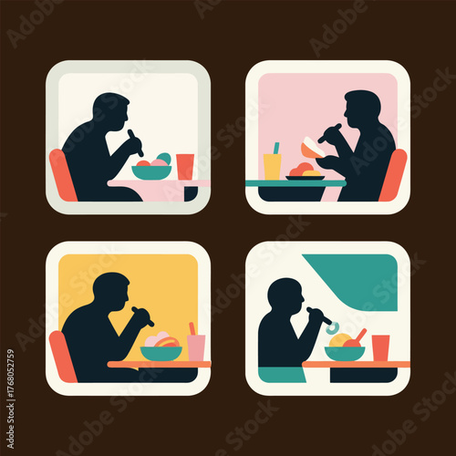 Stylized illustration of people dining in different color palettes creating a retro vibe