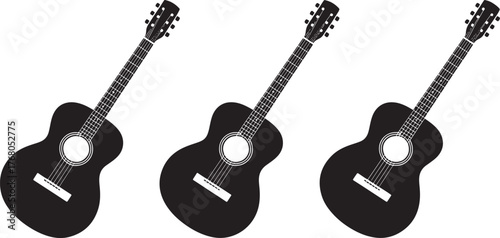 Three black acoustic guitars arranged diagonally music instruments symbol graphic design element