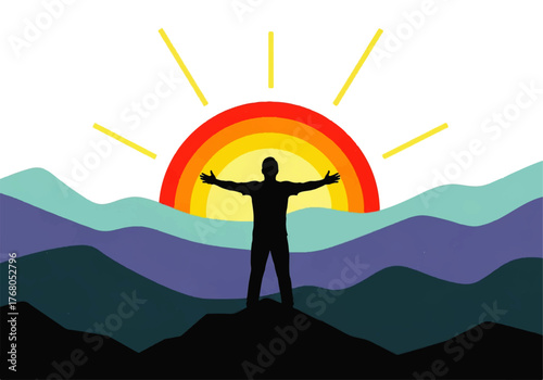Silhouette of a person standing atop a mountain with arms outstretched, facing a vibrant sunrise.