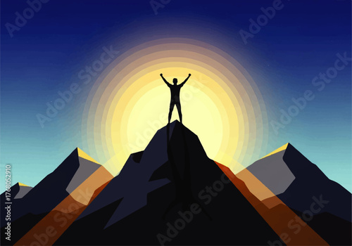 Silhouette of a person standing atop a mountain peak with arms raised against a bright, radiant sunrise.