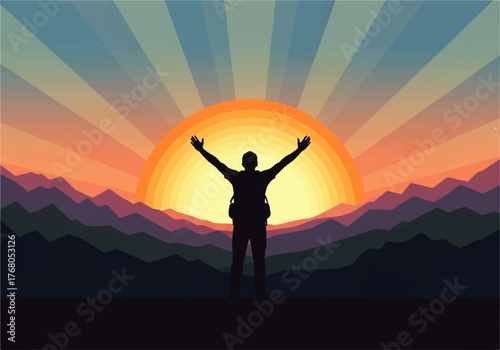 Silhouette of a person with arms raised against a radiant sunrise over a mountainous landscape, conveying a sense of freedom and achievement.